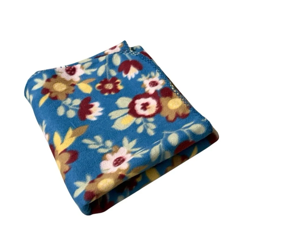 Maroon Blue Floral Print Fleece Blanket Autumn Colors Accent Throw Cover Quilt